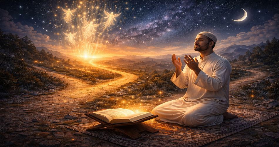 مردی در حال دعا بر فراز تپه‌ای در شب قدر؛ او بر سجاده نشسته و دستانش را با چشمانی بسته به نشانه نیایش بالا آورده است. قرآنی گشوده بر رحل چوبی مقابلش می‌درخشد و نوری طلایی از آن به آسمان ستاره‌باران می‌تابد. در دوردست، راهی خاکی به افق روشن سحرگاهی می‌رسد و در آسمان هلال ماه دیده می‌شود. فرشتگانی نورانی در حال نزول‌اند و فضای تصویر آمیزه‌ای از سکوت، انتخاب آگاهانه و گفت‌وگوی معنوی را القا می‌کند.