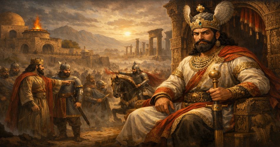 نقاشی دیجیتال واقع‌گرایانه از شاپور اول، شاه ساسانی، نشسته بر تختی باشکوه با تاجی زرین و پرآذین و ردایی مجلل. او شمشیری در دست دارد و با چهره‌ای مقتدر به روبه‌رو می‌نگرد. در پس‌زمینه، صحنه‌ای از نبرد با سربازان زره‌پوش و اسب‌سواران دیده می‌شود و معماری باستانی ایرانی با ستون‌ها و بنای سنگی در نور گرم غروب خورشید نمایان است. تصویر حال‌وهوایی حماسی و تاریخی دارد.