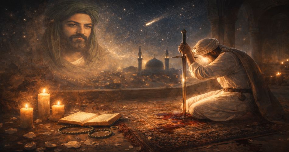 نمایی معنوی و تفکربرانگیز از شب قدر و عدالت؛ مردی بر سجاده با شمشیری در دست، در حال دعا و تامل، با نور شمع‌ها و پرتره‌ای نمادین از امام علی (ع) در پس‌زمینه شب ستاره‌ای، تأکید بر عدالت، سکوت و معنویت.
