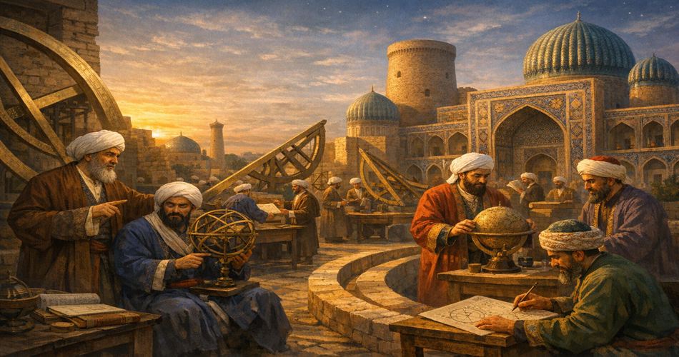 رصدخانه سمرقند در قرن پانزدهم؛ چند دانشمند با لباسهای سنتی در حیاطی با معماری باشکوه اسلامی و گنبدهای فیروزهای گرد هم آمدهاند. در پیشزمینه، یکی از دانشمندان اسطرلابی فلزی در دست دارد، دیگری کره آسمانی را تنظیم میکند و فردی دیگر در حال ترسیم نمودارهای نجومی روی کاغذ است. در پسزمینه، سازه عظیم ابزار رصدی و ساختمانهای مدرسه با کاشیکاریهای ظریف دیده میشود و آسمان غروب با نور گرم، فضای علمی و تاریخی صحنه را برجسته کرده است.