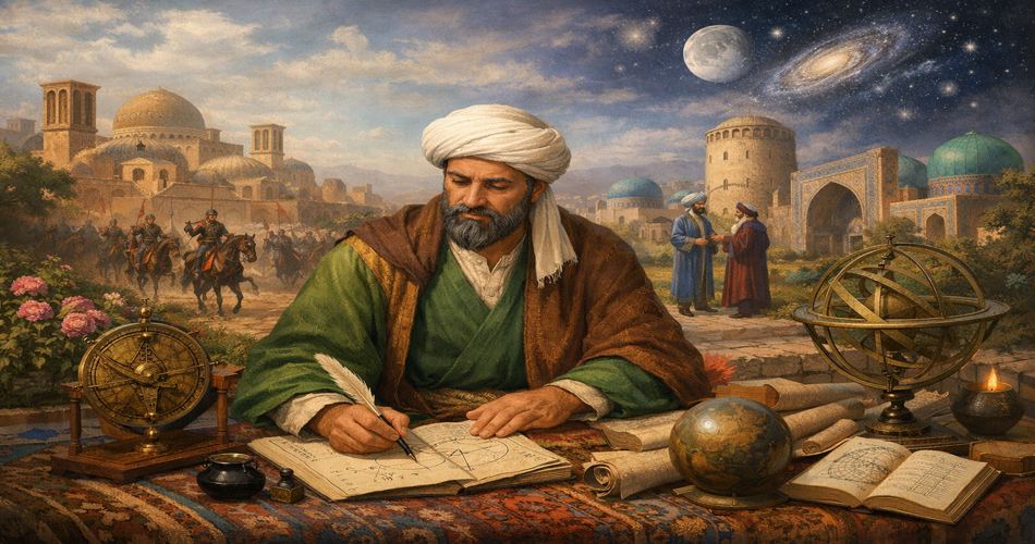 تصویرسازی هنری از غیاث‌الدین جمشید کاشانی در حال نگارش محاسبات ریاضی پشت میزی پوشیده از فرش ایرانی، با ابزارهای نجومی مانند اسطرلاب و کره سماوی در اطراف او؛ در پس‌زمینه، نمایی از شهری تاریخی با گنبدها و برج‌ها دیده می‌شود که از یک سو فضای ناآرام نظامی و از سوی دیگر محیطی علمی و آرام را زیر آسمانی پرستاره و ماه‌تاب به تصویر می‌کشد.