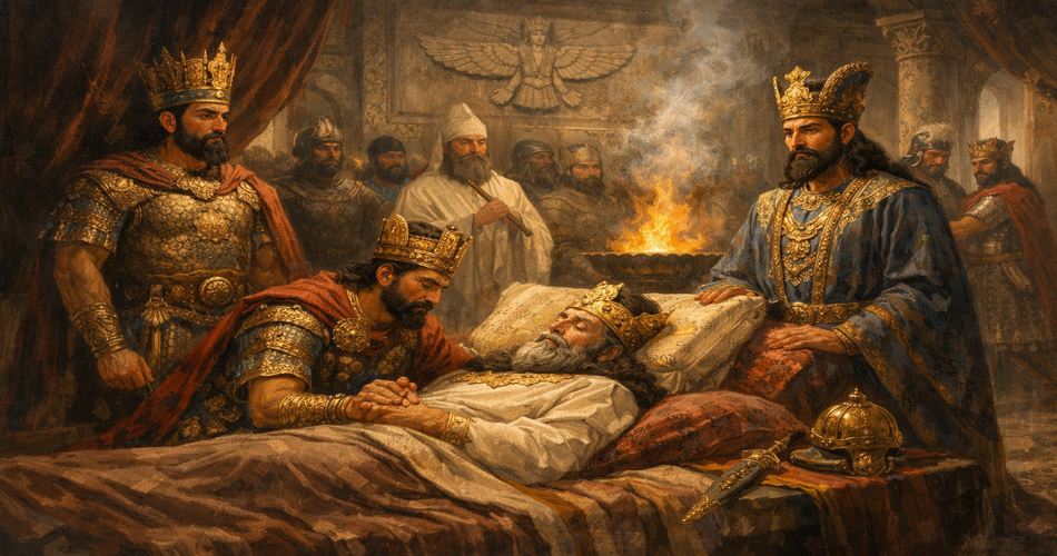 واپسین لحظات زندگی شاپور اول در کاخ ساسانی؛ او با تاج زرین بر بستر آراسته دراز کشیده و چهرهای آرام اما بیمار دارد. یکی از پسرانش دست او را در دست گرفته و دیگر شاهزادگان با جامههای فاخر و تاجهای طلایی در اطراف ایستادهاند. در پسزمینه، موبدی سپیدپوش کنار آتش مقدس ایستاده و نقش فروهر بر دیوار دیده میشود. نور گرم آتش فضای اندوهگین و رسمی صحنه را روشن کرده است.