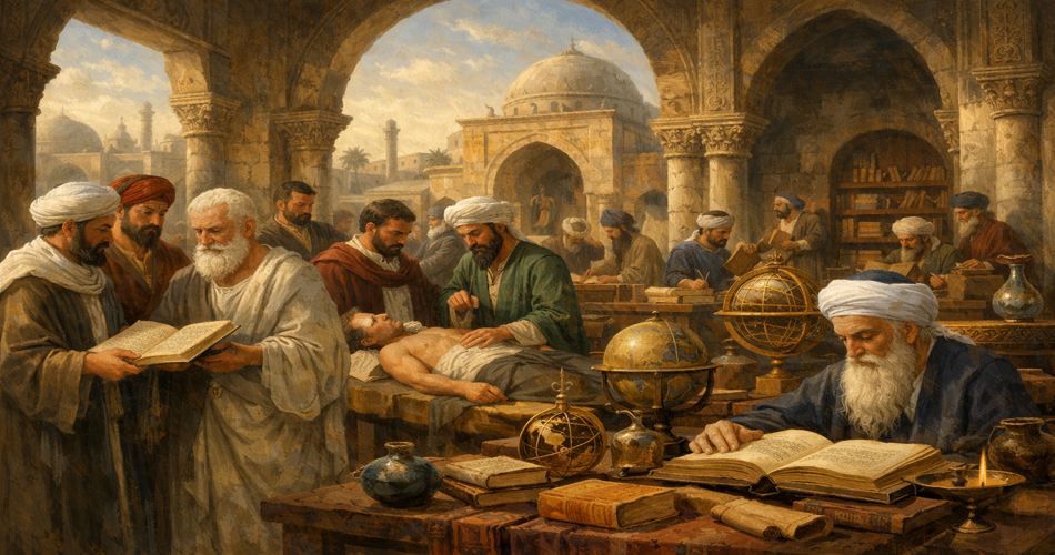 یک نقاشی دیجیتال از دانشگاه گندیشاپور در دوران باستان، جایی که پزشکان و دانشمندان از ایران، روم، هند و خاورمیانه در حال مطالعه و بحث هستند. مردانی با لباسهای سنتی و توربان، کتابها و نسخههای خطی را بررسی میکنند و پزشکان روی بیمار کار میکنند. در پسزمینه معماری باستانی با گنبدها و طاقهای تزئینشده دیده میشود، و ابزارهای علمی مانند کرههای جغرافیایی و اجرام فلکی در محیط حضور دارند.