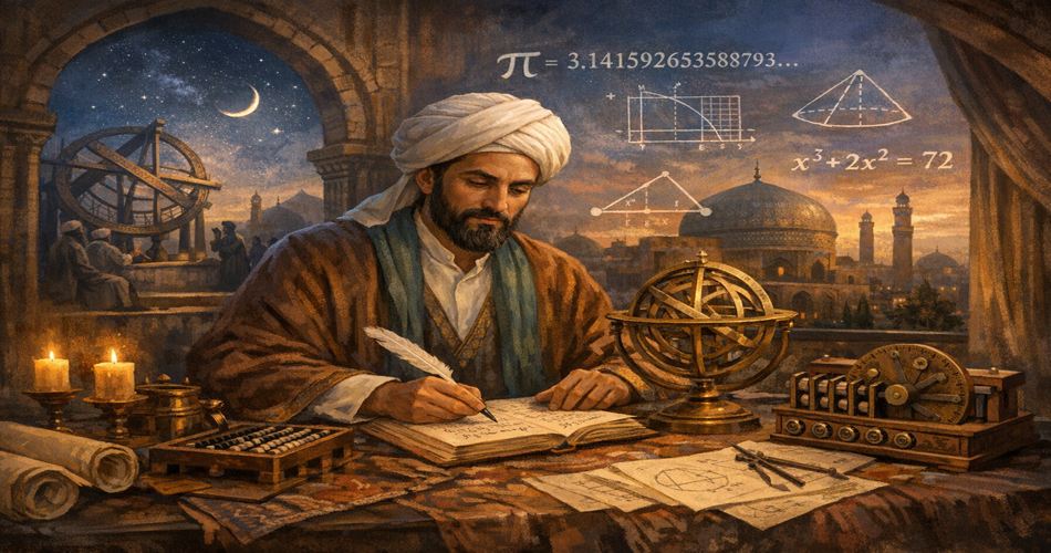 غیاثالدین جمشید کاشانی در فضای یک رصدخانه تاریخی در هنگام غروب؛ او با لباس سنتی و عمامه، پشت میزی چوبی نشسته و در حال نوشتن در یک نسخه خطی است. روی میز ابزارهای محاسباتی قدیمی، اسطرلاب، چرتکه و کاغذهای حاوی نمودارهای هندسی دیده میشود. در پسزمینه، آسمان پرستاره و هلال ماه از میان طاق سنگی نمایان است و گنبدها و منارههای شهری تاریخی دیده میشوند. نور گرم شمعها فضای علمی و اندیشمندانهای ایجاد کرده است.