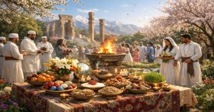 جشن فروردینگان در باغی سرسبز و بهاری با شکوفه‌های صورتی و کوه‌های برفی در پس‌زمینه؛ در مرکز تصویر آتشی روشن روی سکوی سنگی دیده می‌شود و در پیش‌زمینه سفره‌ای سنتی با میوه‌ها، تخم‌مرغ‌های رنگی، سبزه، شمع‌ها و گل‌ها چیده شده است. اطراف آتش، مردان و زنانی با لباس‌های سفید سنتی در حال برگزاری آیین ایستاده‌اند و نور گرم خورشید فضای تصویر را روشن و دل‌نشین کرده است.