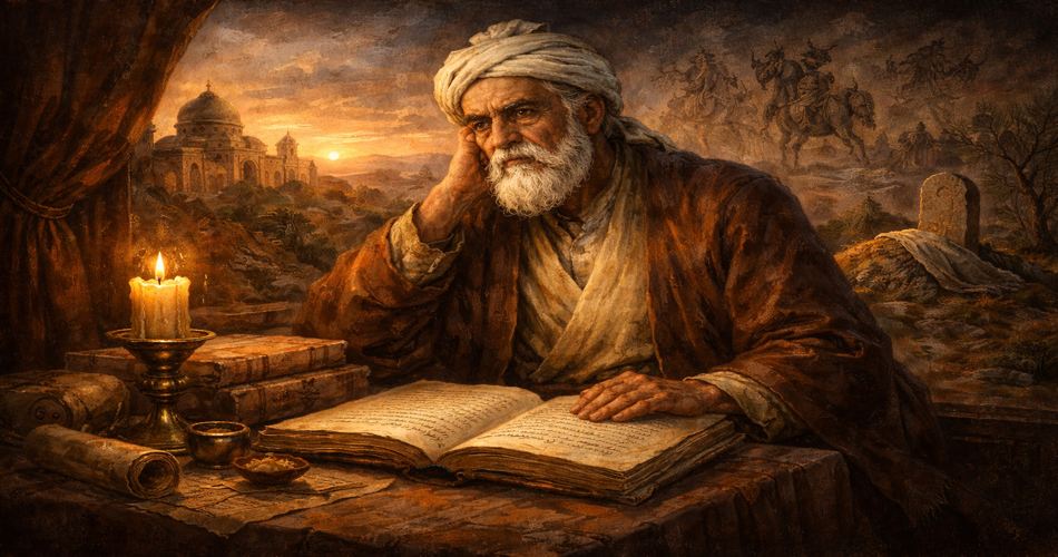 تصویر افقی از فردوسی سالخورده در اتاقی ساده و گرم، نشسته پشت میز سنگی با شمعی روشن در کنار دستش؛ او با چهرهای آمیخته از اندوه و غرور به نسخه گشوده شاهنامه نگاه میکند. در پسزمینه، غروب خورشید بر فراز شهری کهن دیده میشود و نقشهایی محو از صحنههای حماسی، نمادی از شکوه فرهنگی و رنج انسانی او را تداعی میکند.