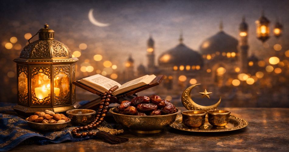 حالوهوای گرم و معنوی ماه رمضان. در سمت چپ تصویر یک فانوس فلزی طلایی با شمع روشن دیده میشود که نور گرم آن فضا را روشن کرده است. کنار آن قرآن باز روی رحل چوبی قرار دارد و یک تسبیح چوبی روی آن افتاده است. در پیشزمینه ظرفی از خرما، کاسهای از مغزها و چند فنجان فلزی سنتی روی سینی طلایی چیده شدهاند. در پسزمینه محو و بوکهشده، گنبد و منارههای مسجدی با نورهای طلایی و هلال ماه در آسمان شب دیده میشود. فضای تصویر آرام، رسمی و مناسب پیامهای تبریک اداری ماه رمضان است