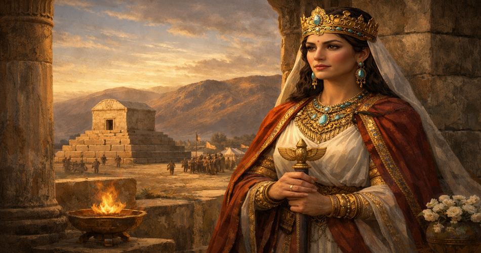 تصویرسازی واقع‌گرایانه از کاساندانه، شهبانوی ایران باستان، ایستاده در ایوانی سنگی با پوشش سلطنتی فاخر به رنگ‌های قرمز و طلایی و جواهرات فیروزه‌ای؛ در پس‌زمینه آرامگاه سنگی در پاسارگاد، کوه‌های دوردست در نور گرم غروب، شعله آتشدان در پیش‌زمینه و گروهی از سربازان و همراهان در محوطه دیده می‌شوند؛ فضایی باشکوه و تاریخی بدون هیچ متن روی تصویر.