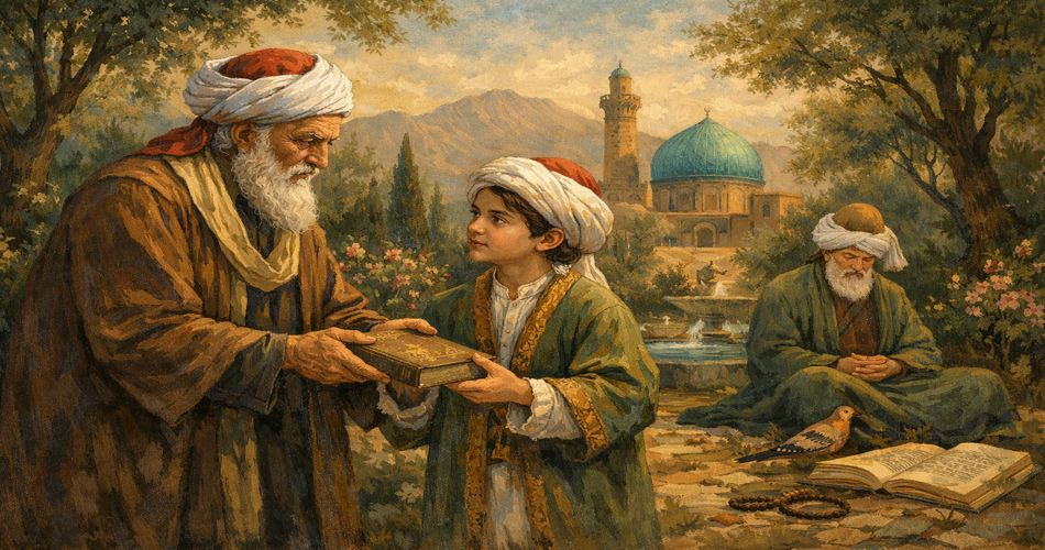 دیدار عطار نیشابوری و مولانای خردسال در باغی سرسبز در نیشابور؛ عطار سالخورده در حال هدیه دادن کتاب به مولانا، با گنبد فیروزه‌ای و مناره در پس‌زمینه، کوه‌ها و نور گرم عصرگاهی که فضای عرفانی و الهام‌بخش ایجاد کرده است.