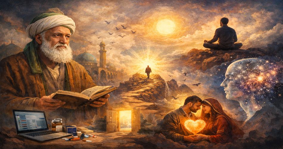 در سمت چپ چهره‌ای شبیه عطار نیشابوری با لباس سنتی و کتابی در دست دیده می‌شود. در پس‌زمینه گنبدهای شهر قدیم و پرندگان در آسمان حضور دارند. در مرکز تصویر، مسیری کوهستانی به سوی نوری درخشان امتداد یافته و انسانی در حال حرکت به سمت آن است. در سمت راست، فردی در حالت مراقبه بر فراز صخره نشسته و تصویری کیهانی از ذهن انسان در کنار زوجی که نوری به شکل قلب در دست دارند دیده می‌شود. عناصر مدرن مانند لپ‌تاپ و داروها نیز در گوشه تصویر قرار گرفته‌اند که پیوند گذشته و امروز را نشان می‌دهد.