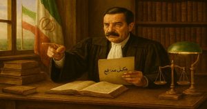تصویری از یک وکیل که پشتش پرچم ایران و روی میزش چندتا کتاب وجود داردو یکی از دستش رو بلند کرده انگار به سمت کسی گرفته