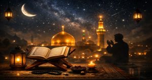 A serene night scene for Laylat al-Qadr showing an open Quran on a carved wooden stand, a lit candle, a lantern, prayer beads, and a person praying in silhouette against illuminated golden domes and minarets under a starry sky with a crescent moon. صحنه‌ای آرام و معنوی از شب قدر با قرآن باز روی رحل چوبی، شمع روشن، چراغ فانی، تسبیح و شخصی که در حالت دعا نشسته است، در پس‌زمینه گنبدها و مناره‌های طلایی روشن شده و آسمانی پرستاره با ماه هلالی