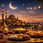 نمایی گرم و رویایی از جشن عید فطر در هنگام غروب؛ هلال ماه در آسمان پرستاره بالای مسجدی باشکوه با گنبدها و مناره‌های نورانی دیده می‌شود. در پیش‌زمینه، فانوس‌های طلایی روشن، ظرف خرما، شیرینی‌های سنتی، چای در استکان‌های کمرباریک و تسبیح روی میز چوبی قرار دارند. ریسه‌های نور فضا را تزئین کرده‌اند و چند نفر با لباس‌های سنتی در پس‌زمینه در حال گفتگو هستند. حال‌وهوای تصویر صمیمی، معنوی و جشن‌گونه است.