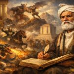 تصویری حماسی و سینمایی از تاریخ شاهنامه در قاب افقی ۱۶:۹؛ فردوسی در پیش‌زمینه با ریش سفید و عمامه، در حال نوشتن بر روی کتابی کهن دیده می‌شود. پشت سر او صحنه‌هایی اسطوره‌ای و تاریخی شاهنامه جریان دارد: نبرد رستم با دیوان و اژدها، سیمرغ آتشین، جنگاوران سوار بر اسب، پادشاهی با تاج زرین بر تخت، و معماری باستانی ایرانی در میان کوهستان. نور گرم و طلایی فضای حماسی و اساطیری ایجاد کرده و تصویر کاملاً بدون متن است.