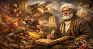 تصویری حماسی و سینمایی از تاریخ شاهنامه در قاب افقی ۱۶:۹؛ فردوسی در پیش‌زمینه با ریش سفید و عمامه، در حال نوشتن بر روی کتابی کهن دیده می‌شود. پشت سر او صحنه‌هایی اسطوره‌ای و تاریخی شاهنامه جریان دارد: نبرد رستم با دیوان و اژدها، سیمرغ آتشین، جنگاوران سوار بر اسب، پادشاهی با تاج زرین بر تخت، و معماری باستانی ایرانی در میان کوهستان. نور گرم و طلایی فضای حماسی و اساطیری ایجاد کرده و تصویر کاملاً بدون متن است.