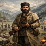 تصویر دیجیتال و واقع‌گرایانه‌ای از میرزا کوچک‌خان جنگلی در پیش‌زمینه، ایستاده بر روی صخره‌ای در دل جنگلی مه‌آلود و کوهستانی. او ریش پرپشت و کلاه پوستی بر سر دارد و لباس سنتی به تن کرده و تفنگی در دست گرفته است. در اطرافش یاران مسلح دیده می‌شوند و در پس‌زمینه، صحنه‌ای از درگیری و دود آتش در نزدیکی روستایی چوبی به چشم می‌خورد. عقابی در آسمان ابری در حال پرواز است و فضای تصویر حال‌وهوایی حماسی و تاریخی دارد.