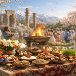 جشن فروردینگان در باغی سرسبز و بهاری با شکوفه‌های صورتی و کوه‌های برفی در پس‌زمینه؛ در مرکز تصویر آتشی روشن روی سکوی سنگی دیده می‌شود و در پیش‌زمینه سفره‌ای سنتی با میوه‌ها، تخم‌مرغ‌های رنگی، سبزه، شمع‌ها و گل‌ها چیده شده است. اطراف آتش، مردان و زنانی با لباس‌های سفید سنتی در حال برگزاری آیین ایستاده‌اند و نور گرم خورشید فضای تصویر را روشن و دل‌نشین کرده است.