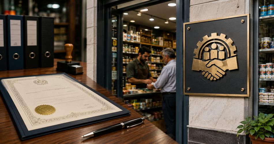 نمایی از یک مغازه دارای پروانه کسب؛ در پیشزمینه گواهی رسمی و خودکار روی میز چوبی قرار دارد و در پسزمینه فروشنده و مشتری داخل فروشگاه در حال انجام معامله هستند.