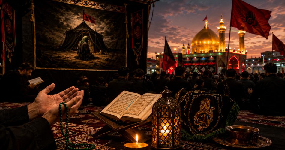 تصویری از مراسم عزاداری تاسوعا در غروب؛ جمعی از عزاداران سیاه‌پوش مقابل گنبد طلایی، قرآن باز روی رحل، دستان رو به دعا با تسبیح سبز، فانوس روشن و پرچم‌های عزا در فضای معنوی و سوگوارانه.
