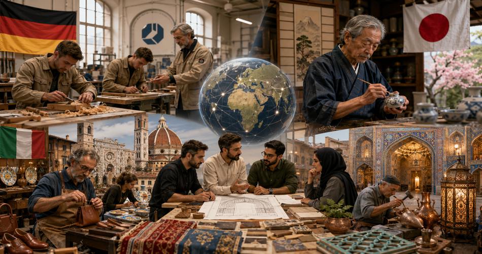 کارگاهها و صنایعدستی کشورهای مختلف در یک کلاژ جهانی؛ نجاران آلمانی، سفالگر ژاپنی، چرمدوز ایتالیایی و هنرمندان ایرانی پیرامون کره زمین، در حال آموزش، تولید و طراحی آثار سنتی و حرفهای.