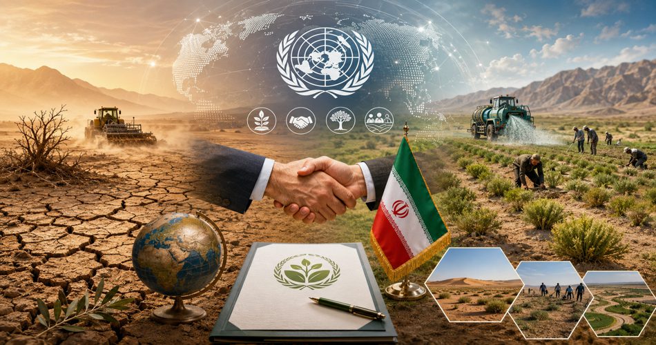 نمایی از مقابله با بیابانزایی در ایران؛ زمین خشک در یک سو و احیای پوشش گیاهی در سوی دیگر، با دست دادن نمادین، پرچم ایران، کارگران کاشت نهال، ماشینآلات احیا و نمادهای همکاری بینالمللی.