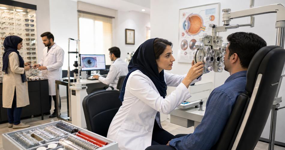 نمایی از یک کلینیک بینایی‌سنجی مدرن؛ بینایی‌سنج در حال تنظیم دستگاه معاینه چشم برای مراجعه‌کننده است و در پس‌زمینه تجهیزات اپتومتری، رایانه و قفسه‌ای از عینک‌ها دیده می‌شود.