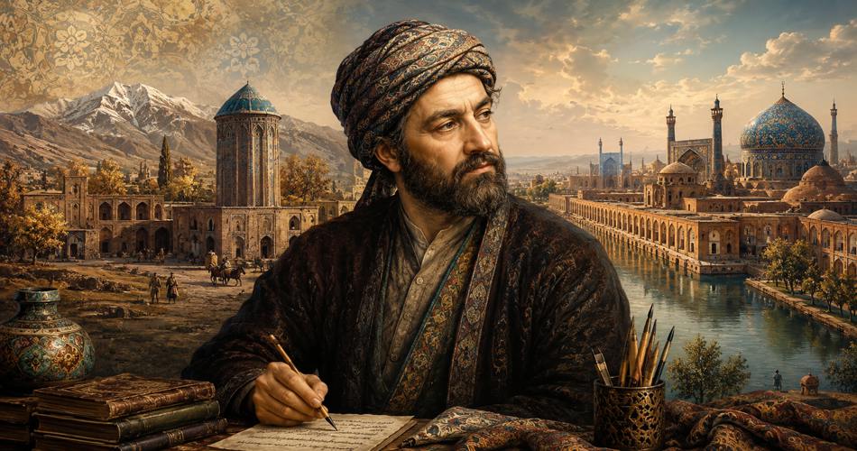پرتره‌ای هنری از صائب تبریزی در حال نوشتن با قلم، با پس‌زمینه‌ای تلفیقی از تبریز و اصفهان؛ گنبدهای فیروزه‌ای، مناره‌ها، کوهستان، رودخانه، کتاب‌ها و نقوش سنتی ایرانی در فضایی تاریخی و گرم.