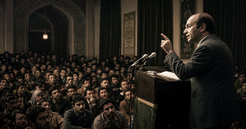 سخنرانی مردی پشت تریبون در سالنی مملو از جمعیت؛ حاضران با دقت به او گوش می‌دهند. نور گرم بر چهره سخنران تابیده و فضای رسمی و پرشور جلسه با معماری سنتی در پس‌زمینه دیده می‌شود.