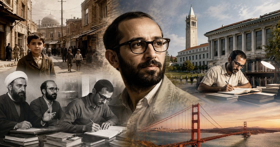 کلاژی تاریخی از زندگی مصطفی چمران؛ پرتره او در مرکز، کودکی در کوچه‌ای قدیمی تهران در سمت چپ، صحنه‌های تحصیل و مطالعه در پایین، ساختمان دانشگاه برکلی و پژوهش علمی در سمت راست، و پل گلدن گیت در پس‌زمینه.