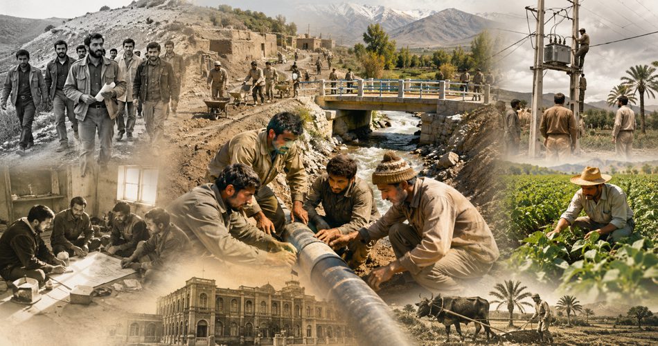 کلاژی از دوران جهاد سازندگی؛ جوانان فنی در حال لوله‌کشی آب، ساخت پل روستایی و برق‌رسانی، کنار صحنه‌های کشاورزی و همکاری گروهی در روستاهای ایران.