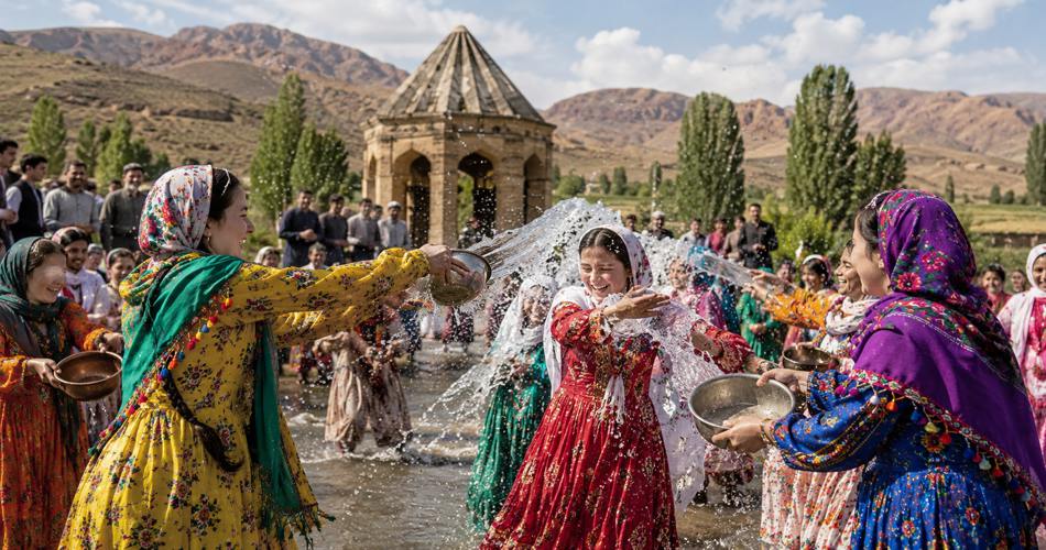 جمعی از زنان با لباس‌های رنگارنگ محلی در فضای باز کنار آب، با کاسه‌ها به هم آب می‌پاشند؛ قطرات آب در هوا پخش شده و در پس‌زمینه بنای سنگی و تپه‌های خشک دیده می‌شود.