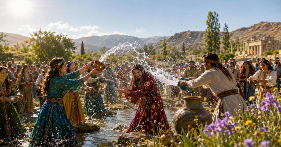 جمعی از مردان و زنان با لباس‌های سنتی رنگارنگ در کنار رودخانه زیر آفتاب، با کوزه‌ها به هم آب می‌پاشند؛ پس‌زمینه شامل کوه‌ها، درختان و بناهای سنگی باستانی است.