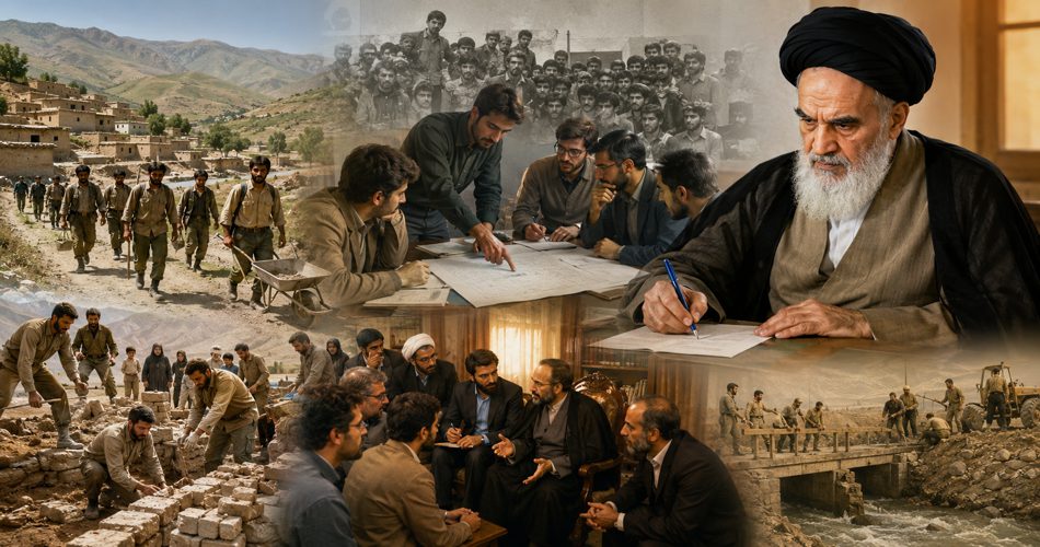 «تصویری تاریخی از شکل‌گیری جهاد سازندگی پس از انقلاب اسلامی؛ گروهی از دانشجویان و جوانان داوطلب در حال برنامه‌ریزی و فعالیت عمرانی در روستاهای محروم، در کنار تصویری از امام خمینی (ره) هنگام صدور فرمان تأسیس جهاد سازندگی، نمادی از مشارکت مردمی، سازندگی روستاها و آغاز یک حرکت جهادی ملی