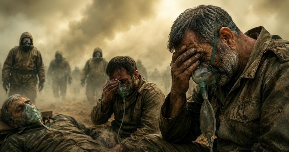 رزمندگان ایرانی با لباس نظامی و ماسکهای تنفسی در فضایی پوشیده از دود و غبار دیده میشوند؛ دو جانباز با چهرهای خسته و دردناک در پیشزمینه نشستهاند و یک مجروح روی زمین دراز کشیده است، در حالی که نیروهای دیگر در پسزمینه حرکت میکنند.