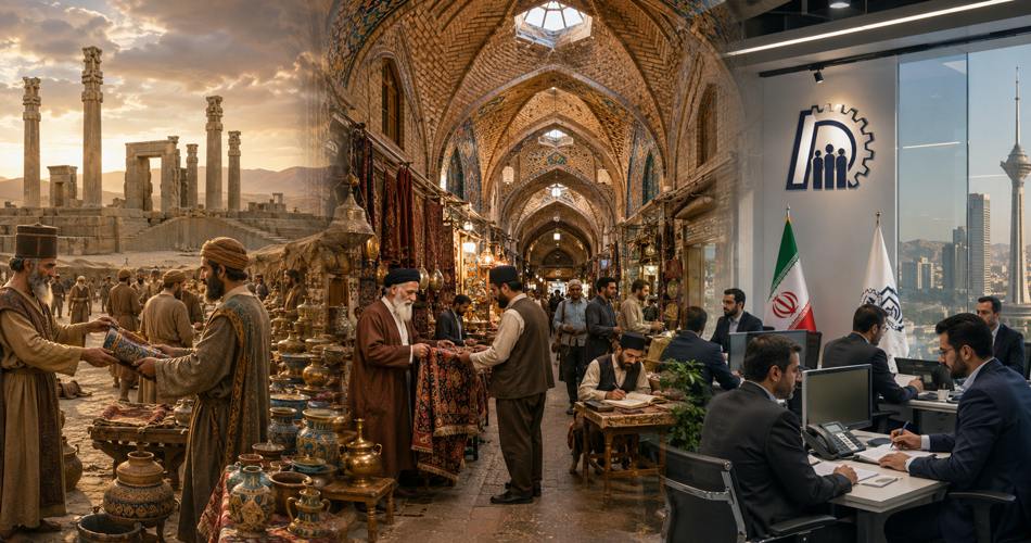 نمایی پانورامایی از سیر تحول اصناف ایران؛ از بازار و ستونهای باستانی، به بازار سنتی با فرش و صنایعدستی، و در نهایت دفتر مدرن اتاق اصناف با کارکنان در حال فعالیت اداری.