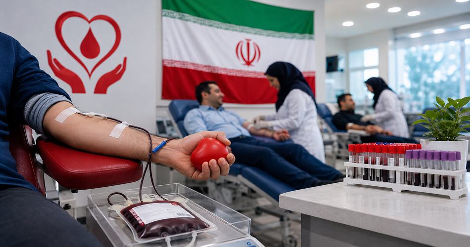 یک اهداکننده در حال اهدای خون در مرکز انتقال خون، در حالی که کارکنان درمانی از اهداکنندگان مراقبت می‌کنند. پرچم ایران در پس‌زمینه دیده می‌شود