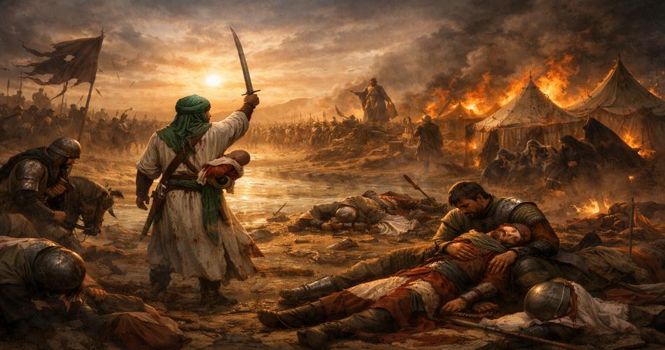 مردی با لباس روشن و شمشیر برافراشته در میان میدان نبرد ایستاده و کودکی را در آغوش دارد؛ اطرافش پیکرهای افتاده، خیمه‌های در آتش و گروهی از زنان و سوگواران در فضایی غبارآلود و اندوهگین دیده می‌شوند.
