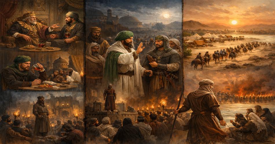 نقاشی تاریخی سه‌بخشی؛ گفت‌وگوی معاویه و یزید در کاخ، امتناع امام حسین از بیعت و صحنه‌های کوفه، سپس حرکت کاروان به سوی کربلا و محاصره آن در دشتی کنار رودخانه زیر آسمان غروب