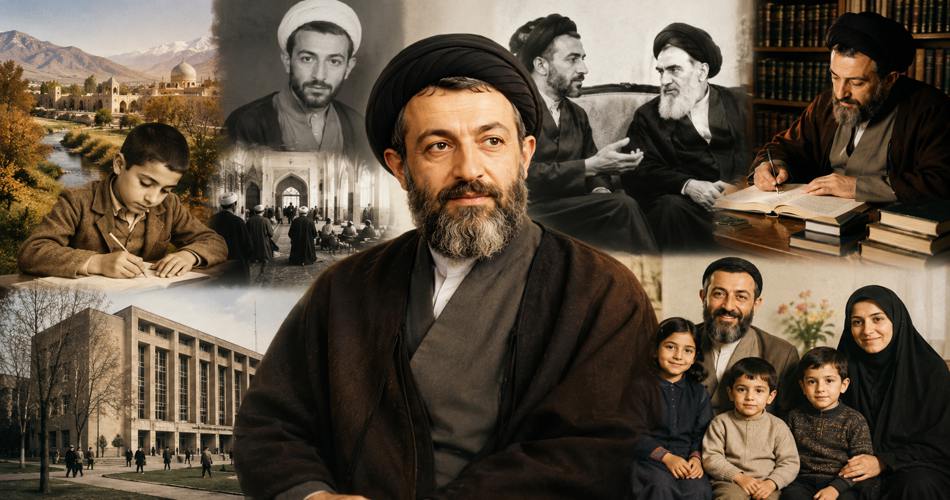 تصویر کلاژی از آیت‌الله دکتر بهشتی در مرکز قاب با لباس روحانیت؛ اطراف او صحنه‌هایی از کودکی، تحصیل، گفت‌وگو با امام خمینی، مطالعه و نگارش، ساختمان دانشگاه و تصویری از همسر و چهار فرزندش دیده می‌شود.