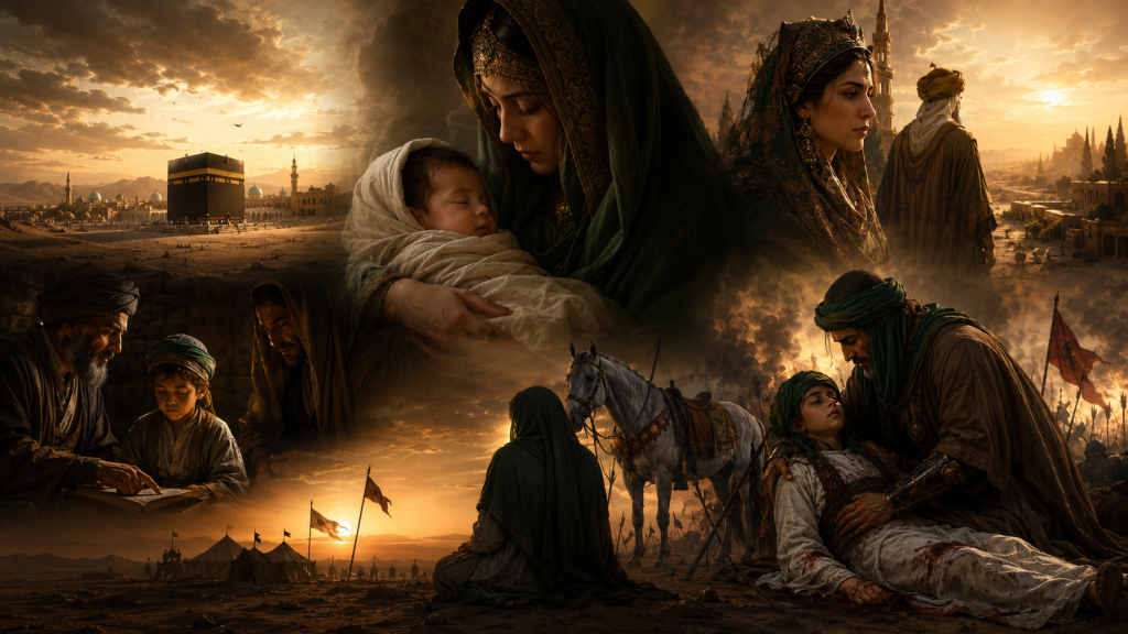 زندگی امام زین‌العابدین؛ مادری نوزادی را در آغوش دارد، کعبه و شهری اسلامی در پس‌زمینه دیده می‌شود و صحنه‌های آموزش کودکی، خیمه‌های کربلا و پدری بر بالین فرزند بیمار در میدان نبرد به تصویر کشیده شده است.