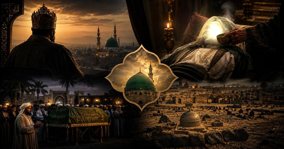تصویری ترکیبی با حال‌وهوای سوگ؛ پیکری با چهره نورانی بر بستر، مراسم تشییع تابوت سبز، قبرستانی در غروب و نمایی از شهر مدینه با گنبد سبز در مرکز، در فضایی تیره و طلایی.