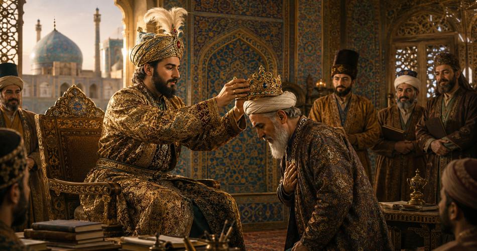 «شاه صفوی در تالاری باشکوه با کاشی‌کاری‌های آبی و طلایی، تاجی زرین را بر سر صائب تبریزیِ سالخورده می‌گذارد. درباریان با لباس‌های فاخر نظاره‌گر مراسم‌اند و گنبد فیروزه‌ای و مناره‌ها از پنجره‌های کاخ دیده می‌شوند.»