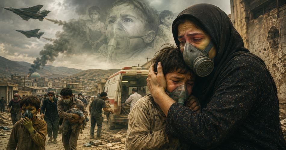 زنی با ماسک محافظ، کودکی گریان را در آغوش گرفته است؛ اطرافشان خیابانی ویران با دود، آمبولانس، مردم آسیبدیده و کودکان ماسکدار دیده میشود و جنگندهها در آسمان، فضای حمله شیمیایی را تداعی میکنند.