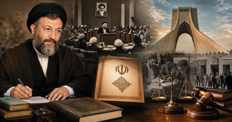 پرتره آیت‌الله بهشتی در حال نگارش، کنار جلد قانون اساسی، ترازوی عدالت و چکش قضا؛ پس‌زمینه شامل جلسه خبرگان قانون اساسی، نمای برج آزادی و صحنه‌هایی از فعالیت‌های قضایی و حقوقی.