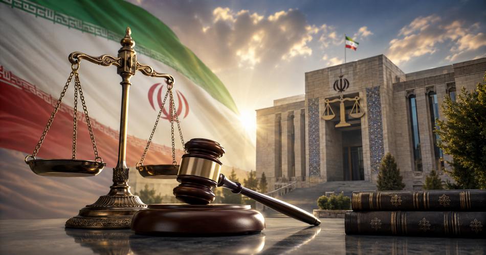 پرچم ایران در پس‌زمینه، ترازوی عدالت و چکش قاضی در پیش‌زمینه، چند جلد کتاب حقوق روی میز و ساختمان دادگستری با نماد ترازو در ورودی، زیر نور خورشید و آسمانی نیمه‌ابری.