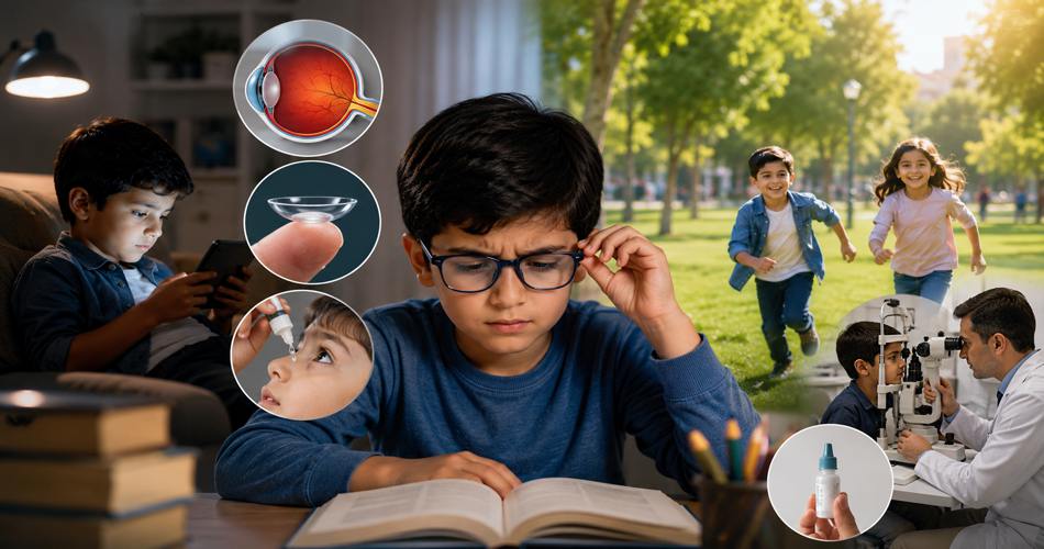 کودکی عینکی در حال مطالعه، در کنار تصاویر استفاده از موبایل، بازی کودکان در فضای باز، معاینه چشم، قطره چشمی، لنز تخصصی و نمایی از ساختار چشم؛ نمادی از کنترل نزدیک‌بینی کودکان.