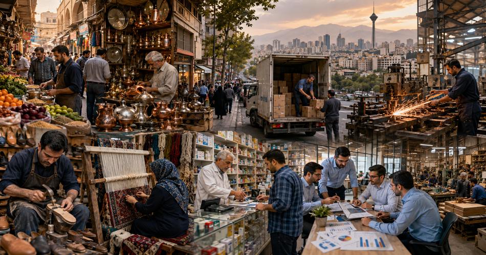 تصویری پانوراما از بازار و اقتصاد ایران؛ فروشندگان و صنعتگران در بازار سنتی، کفاش و قالیباف در حال کار، کامیون توزیع کالا، فروشگاه محلی، کارگاه صنعتی و جلسه کسبوکار در پسزمینه شهری.
