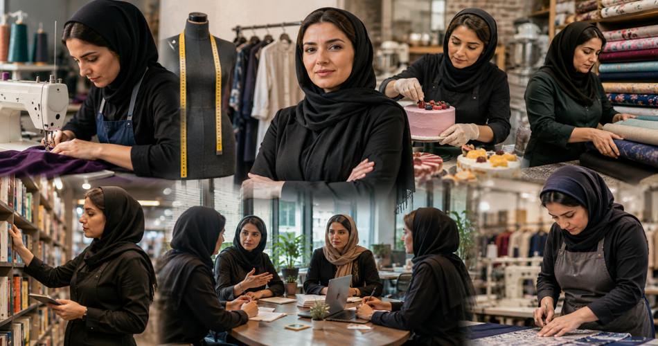 زنی کارآفرین در مرکز تصویر با پوشش مشکی ایستاده و اطراف او صحنههایی از فعالیت زنان در خیاطی، طراحی لباس، شیرینیپزی، فروش پارچه، کتابفروشی و جلسات کاری دیده میشود؛ نمادی از حضور زنان در اصناف مختلف.
