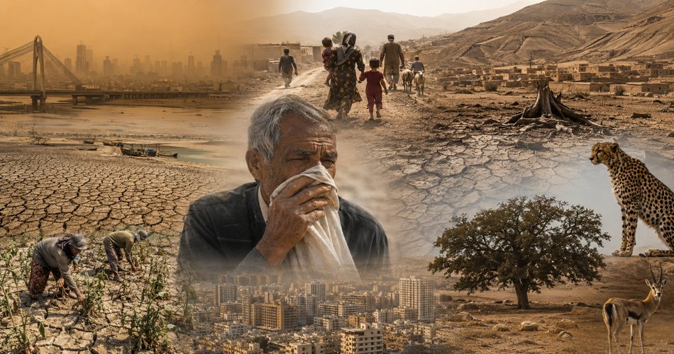 مردی در میان گردوغبار دهان خود را پوشانده؛ اطراف او زمینهای ترکخورده، مزرعه خشک، خانوادهای در حال مهاجرت، شهر در مه ریزگرد و حیاتوحش در زیستگاهی خشک و آسیبدیده دیده میشود.