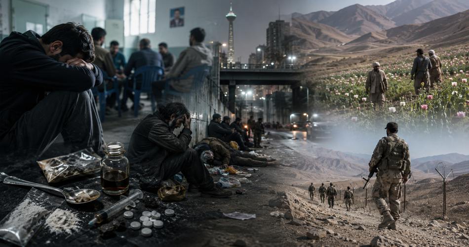تصویری ترکیبی از چالش‌های مواد مخدر؛ فردی در مرکز ترک اعتیاد، معتادان کارتن‌خواب در خیابان، مواد مخدر و سرنگ، مزرعه خشخاش و نیروهای مرزبانی در منطقه‌ای کوهستانی و مرزی.